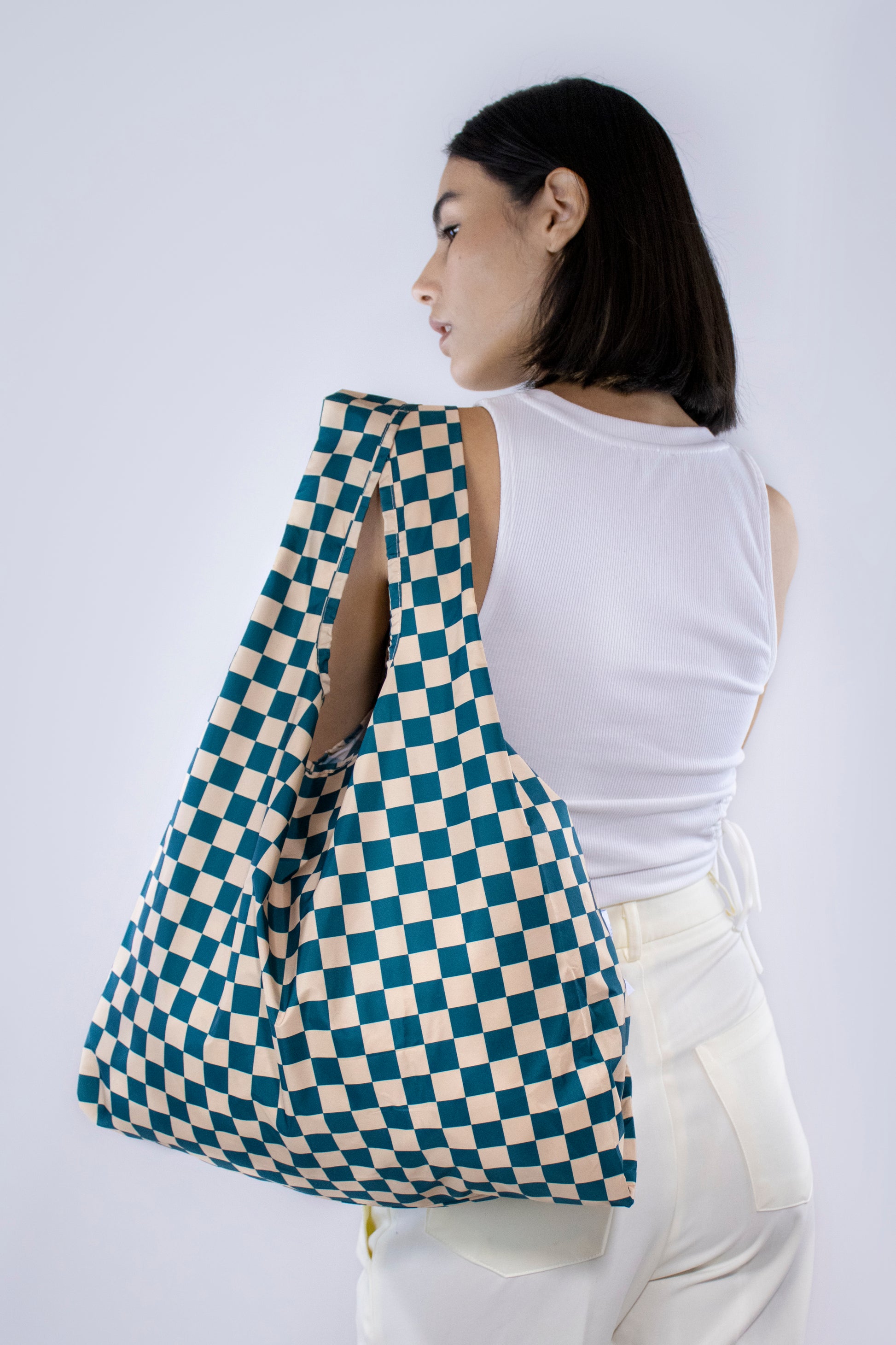 Kind Bag Recycled Plastic Reusable Bag Checkerboard Teal & Beige Singapore