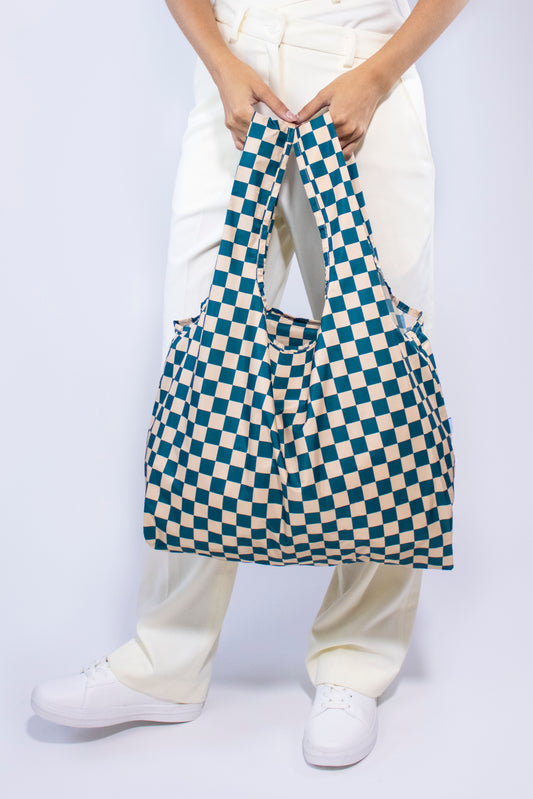 Kind Bag Recycled Plastic Reusable Bag Checkerboard Teal & Beige Singapore