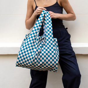 Kind Bag Reusable Recycled Plastic Bag Checkerboard Teal & Beige Singapore