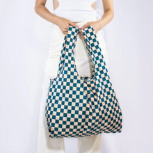 Kind Bag Reusable Recycled Plastic Bag Checkerboard Teal & Beige Singapore