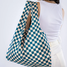 Kind Bag Reusable Recycled Plastic Bag Checkerboard Teal & Beige Singapore