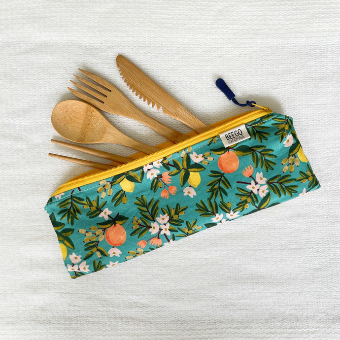 Travel Bamboo Cutlery Pouch Set Teal Citrus Singapore